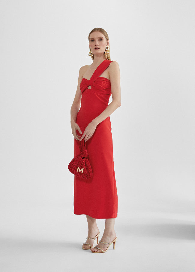 VESTIDO MIDI VERMELHO COM ALÇAS ASSIMÉTRICAS