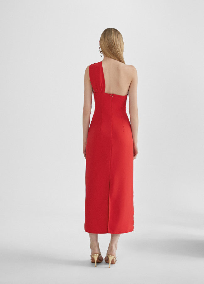 VESTIDO MIDI VERMELHO COM ALÇAS ASSIMÉTRICAS